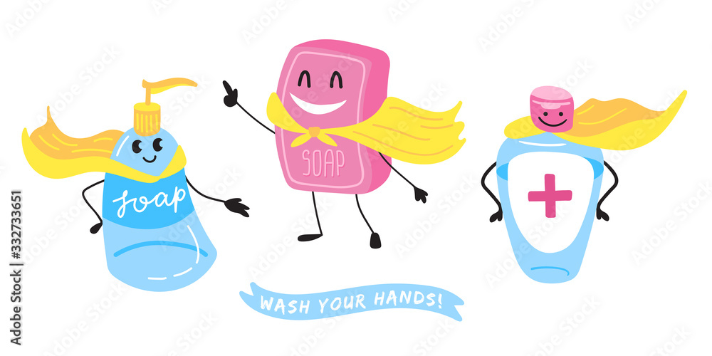 Vector set of cartoon soap and sanitizer, cheerful characters Stock Vector | Adobe Stock Vector set of cartoon soap and sanitizer, cheerful characters Stock Vector | Adobe Stock