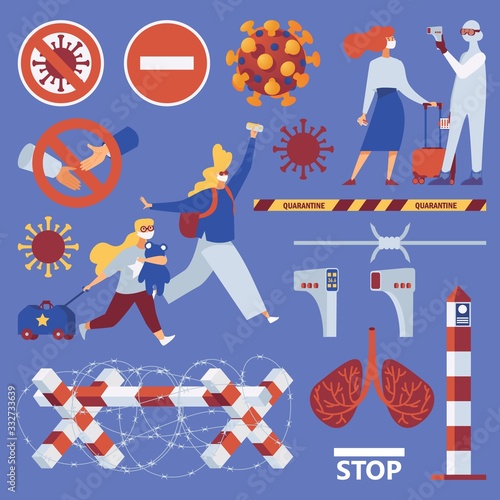 Vector set about coronavirus and borders closure. Flat characters and objects, covid-19 virus