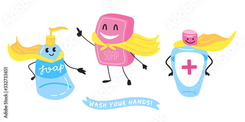Vector set of cartoon soap and sanitizer, cheerful characters