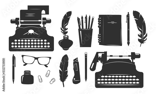 Writer supplies stationery icons set