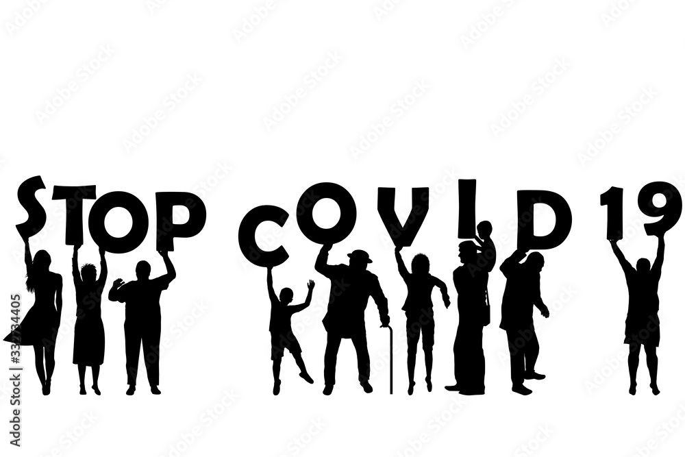 STOP COVID 19 (Coronavirus) with silhouette of women, men and children holding letters