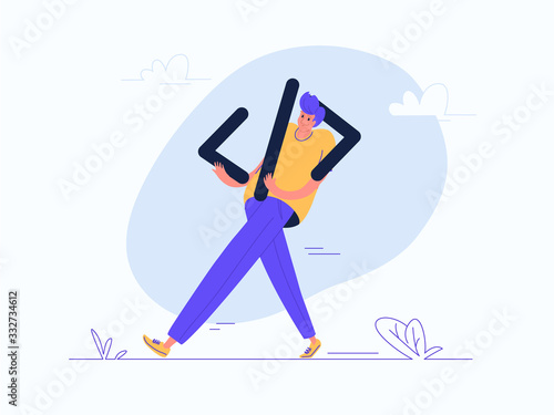 Young man carrying heavy code symbol