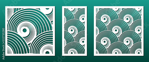 Set of laser cut templates for panel decor. Metal or wood cutout, paper art, wall decoration. Abstract geometric ornament with spiral sea shells. Vector illustration