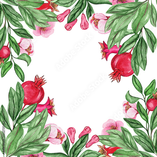 Watercolor frames with pomegranate for wedding cards, romantic prints, fabrics, textiles and scrapbooking.