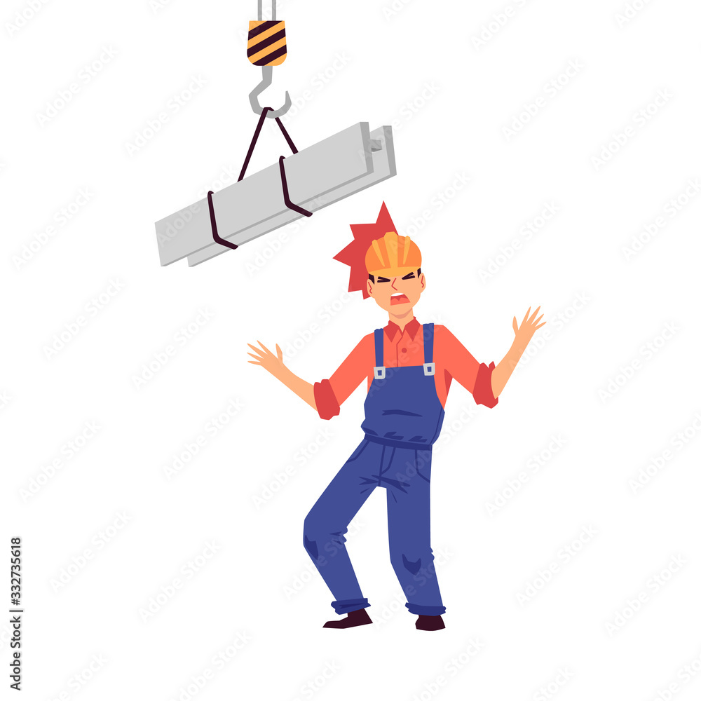 Work injury to head of man builder and worker in helmet, accident in construction. Work injury to head of man builder and worker in helmet, accident in construction.