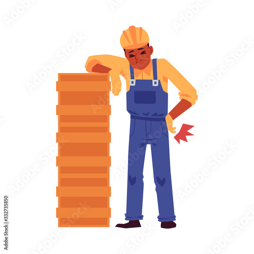 Injured construction worker cartoon character flat vector illustration isolated.