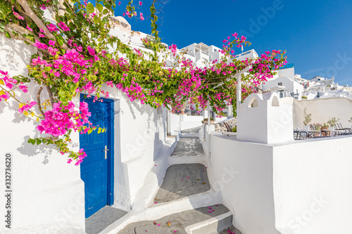 Traditional greek house with flowers in Santorini island  Greece.