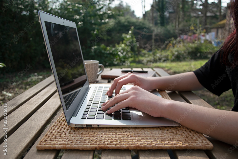 Fototapeta premium Home working in garden with laptop