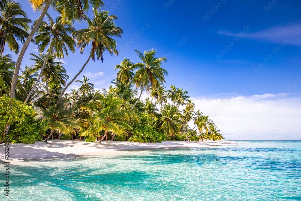 Fototapeta Tropikalny krajobraz plaży. Letnie wakacje na wyspie i podróży tło. Egzotyczna sceneria z palmami nad niesamowitą błękitną laguną morską. Kolorowy krajobraz przyrody