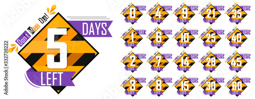 Set countdown tags, number days left banners design template, vector illustration