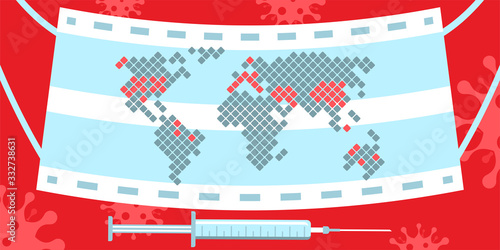 Covid-19 conceptual world map. Vector caution pandemic dotted map on antiviral mask background