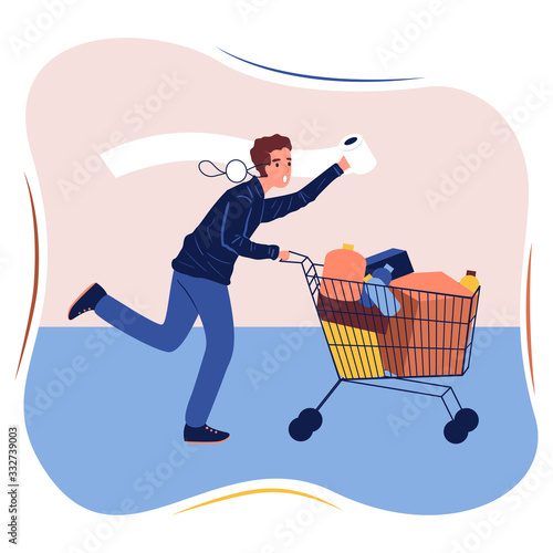 Coronavirus panic shopping. Terrified man runnig with full cart. COVID-19 concept flat vector stock illustration.