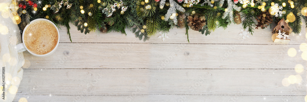 Christmas background on the white wooden desk Christmas background on the white wooden desk