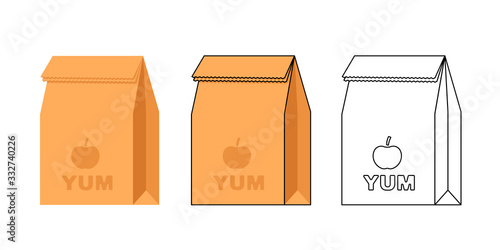 Lunch bag flat vector illustration. Set of three illustrations in different styles.