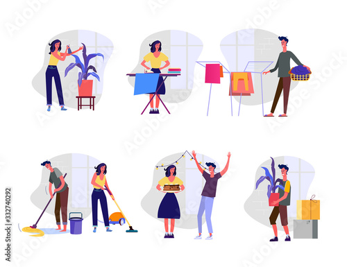 Domestic cares set. Man and woman ironing, doing laundry, moping floor, celebrating. Flat illustrations. Housekeeping, housing concept for banner, website design or landing web page