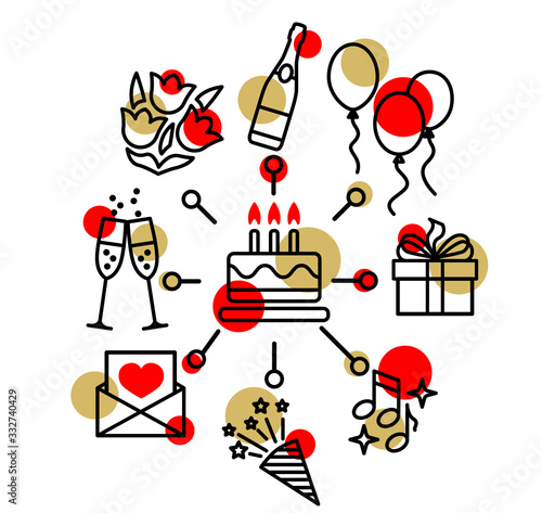 Happy Birthday Party line icon set. Included the icons as celebration, anniversary, party, card, banner, colours.