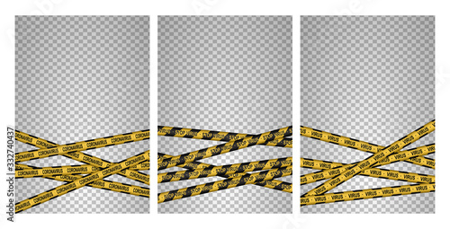 Set of caution, Corona Virus 2020, attention line. Black and yellow line striped. Virus infections. Coronavirus (2019-nCoV). Virus Covid 19-NCP. Virus cells