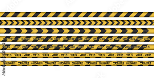 Set of caution, Corona Virus 2020, attention line. Black and yellow line striped. Virus infections. Coronavirus (2019-nCoV). Virus Covid 19-NCP. Virus cells