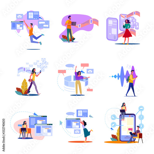 Digital technology set. Man and woman using smartphones, laptop for work, wireless internet. Flat illustrations. Communication concept for banner, website design or landing web page
