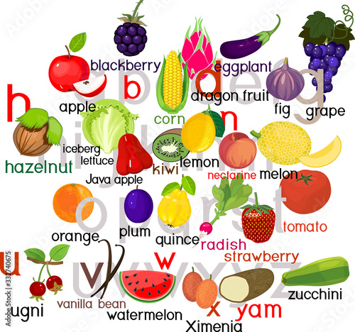 English alphabet with fruits and vegetables