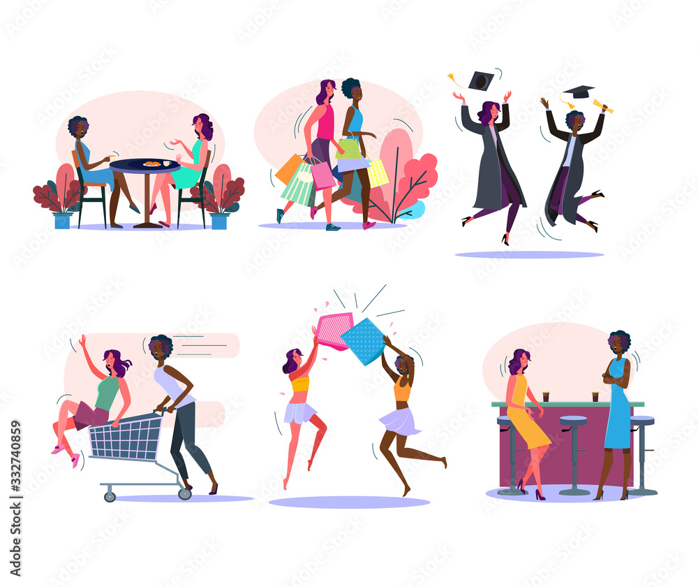 Fototapeta premium Female friends activities set. Women drinking coffee, doing shopping, graduating, having fun together. Friendship concept. illustration for posters, presentations, landing pages