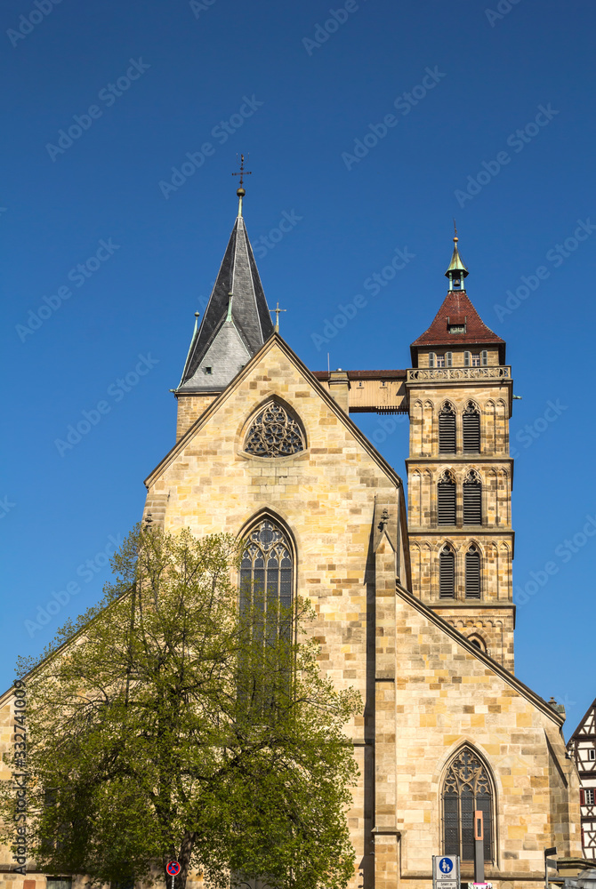 Stadtkirche St. Dionys church with tall steeples in Esslingen.