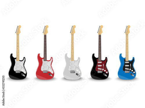Realistic electric guitar in different colors isolated on white background, vector illustration