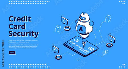 Credit card security banner. Protection mobile payment concept. Vector landing page of safety electronic finance with isometric icon of virtual banking card on smartphone screen and assistant chatbot