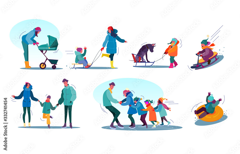 Children and families winter activities set. People sledging, skating, walking with dog. Activity concept. illustration for topics like vacation, winter, entertainment