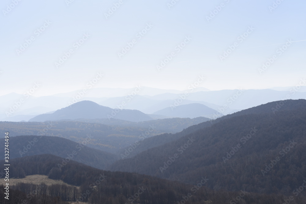 Bieszczady Mountain park with top view in high sun