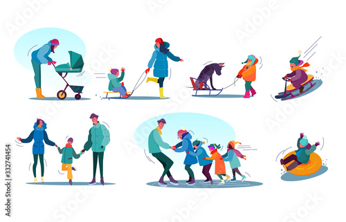 Children and families winter activities set. People sledging, skating, walking with dog. Activity concept. illustration for topics like vacation, winter, entertainment