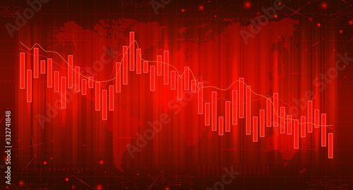 Red banner with financial falling charts. Concept of digital stock market trading. Vector illustration. Abstract background with technology business diagrams.