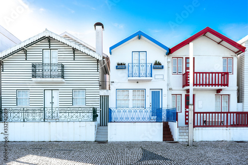 Cute facades of houses. Costa Nova Beach, Aveiro