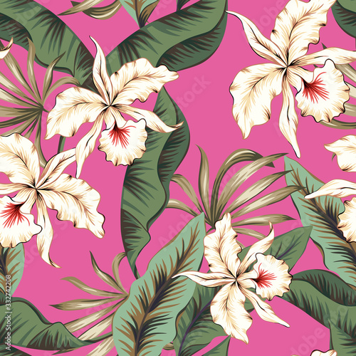 Tropical orchid flowers, green banana palm leaves, pink background. Vector seamless pattern. Jungle foliage illustration. Exotic plants. Summer beach floral design. Paradise nature