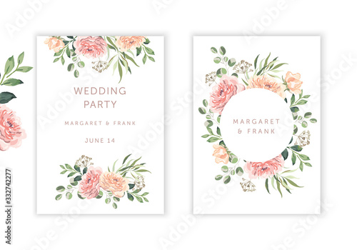 Wedding cards design. Blush pink rose flowers, green leaves bouquets, round frame, white background. Vector illustration. Romantic floral arrangements. Invitation template 