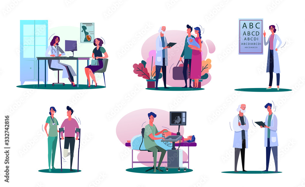 Consulting doctor illustration set. Pregnant woman, young couple with baby, man with trauma visiting doctor. Healthcare concept. illustration for banners, posters, website design