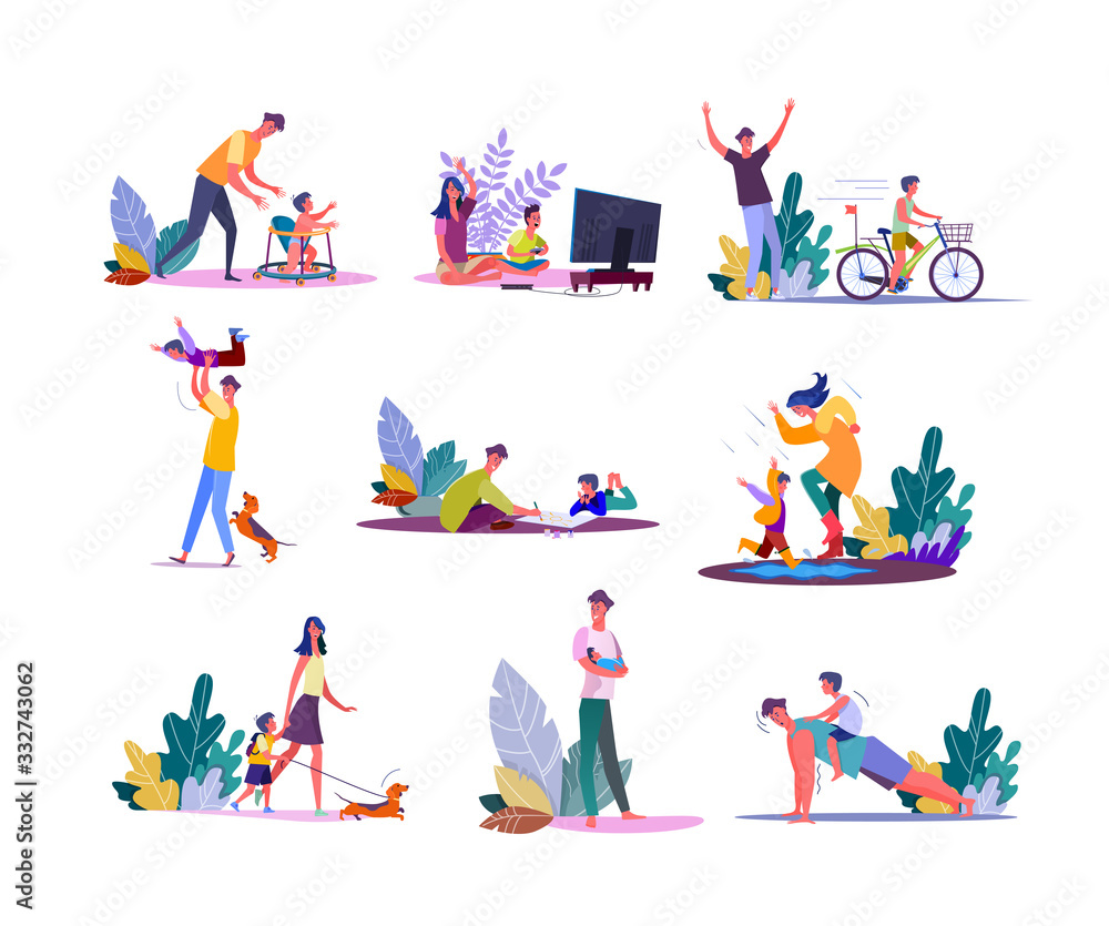 Set of parents enjoying parenting and walking with children. Fathers and mothers people playing, painting, doing sports together with daughters and sons kids. Family leisure flat illustration