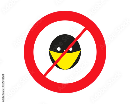 Silhouette of head with medical mask on face in red circle. Wear protective mask warning sign. Vector Illustration. photo