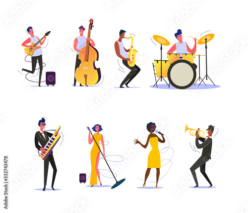 Set of musicians performing on scene. Group of musicians singing and playing musical instruments. Performance concept. illustration can be used for presentation, project, webpage