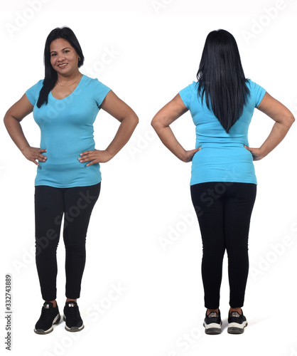 woman with sportswear front and back on white background, hand on hip