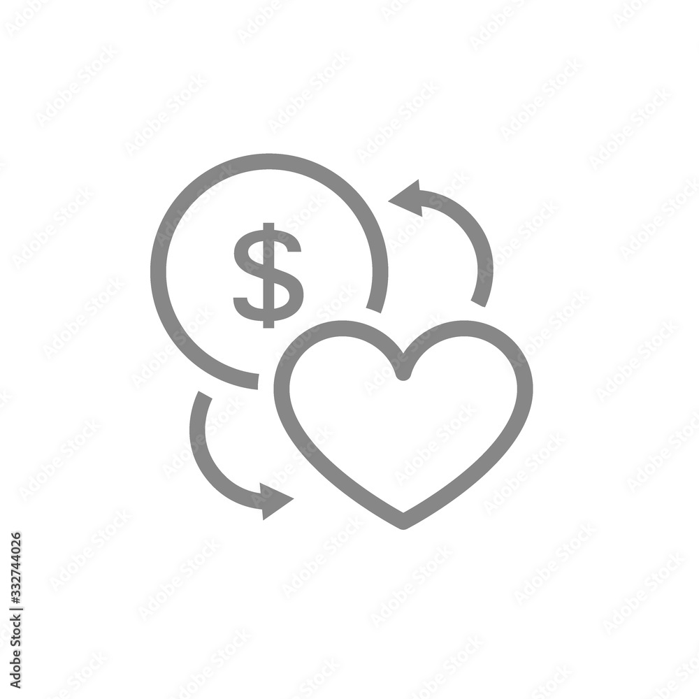 Exchange a heart for a coin line icon. Happiness on money, love symbol Exchange a heart for a coin line icon. Happiness on money, love symbol