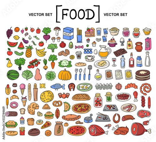 Vector cartoon set on the theme of food. Isolated colored doodles of fruits, vegetables, bakery products, meat, sausage, grocery on white background. Hand drawn elements