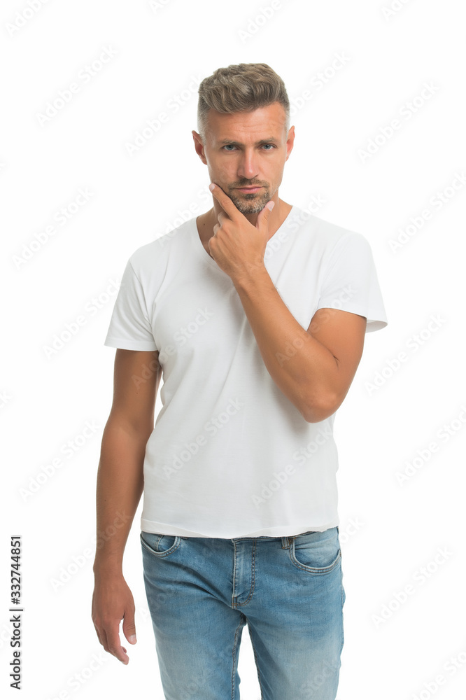He knows he is attractive. Mature man. Overcome problems. Midlife Crisis Affecting Men. Psychological crisis. Male beauty standards. Mature guy wear white shirt looks stylish. Crisis solution He knows he is attractive. Mature man. Overcome problems. Midlife Crisis Affecting Men. Psychological crisis. Male beauty standards. Mature guy wear white shirt looks stylish. Crisis solution