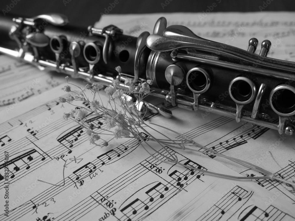 Obraz premium Zamknij się z instrumentu muzycznego klarnetu i nut. Czarno-białe zdjęcie.