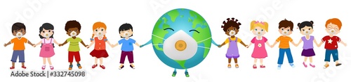 Isolated group of multiethnic children and different culture with medical mask holding the earth globe by the hand. Solidarity and cooperation between people of different nationalities