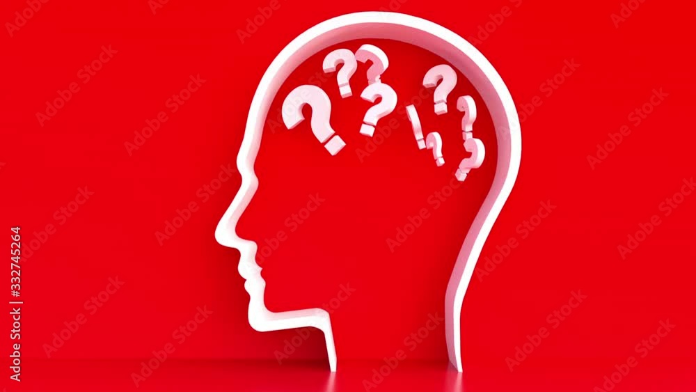 Moving Questionmarks in Human Head outline in front of a color wall background. Business Psychology concept Moving Questionmarks in Human Head outline in front of a color wall background. Business Psychology concept