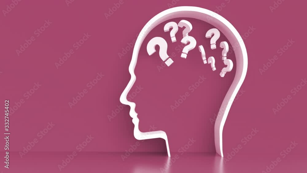 Moving Questionmarks in Human Head outline in front of a color wall background. Business Psychology concept Moving Questionmarks in Human Head outline in front of a color wall background. Business Psychology concept