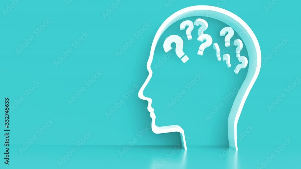 Moving Questionmarks in Human Head outline in front of a color wall background. Business Psychology concept Moving Questionmarks in Human Head outline in front of a color wall background. Business Psychology concept