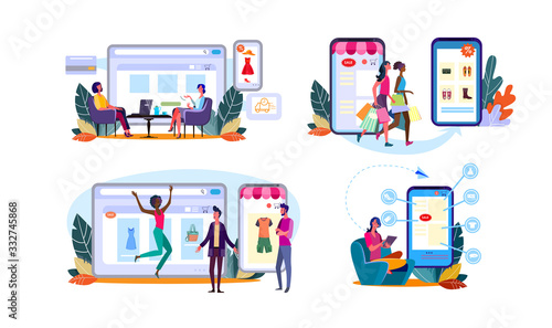 Set of women customers enjoying shopping online. Happy buyers people walking and sitting in home armchairs ordering clothes on website stores on smartphones. E-commerce flat illustration