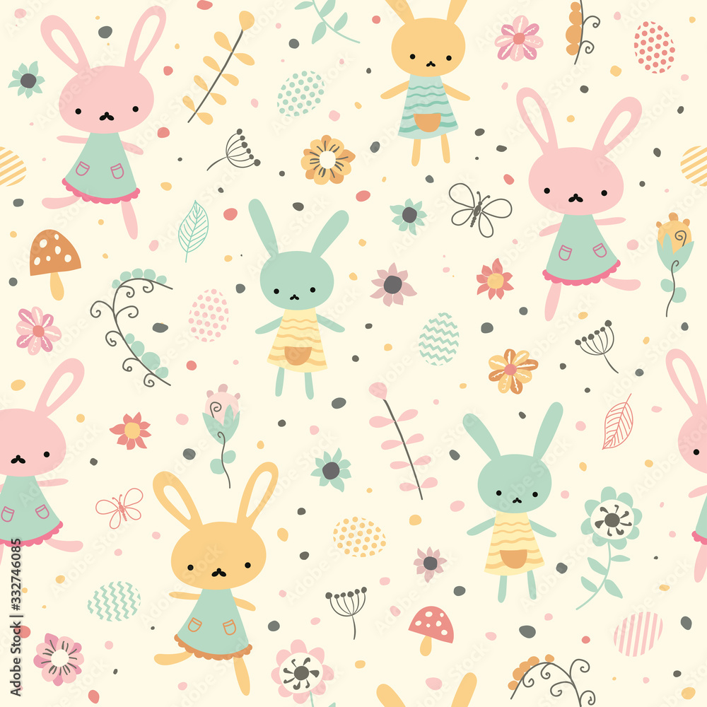 Vector seamless spring pattern with rabbits and plants. Easter background.  Cartoon bunnies